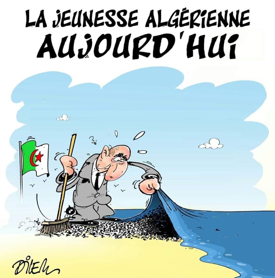 Pour le dessinateur Dilem, c’est la jeunesse algérienne que le président Tebboune glisse sous le tapis. Un tapis bleu qui n’est autre que la mer Méditerranée !
